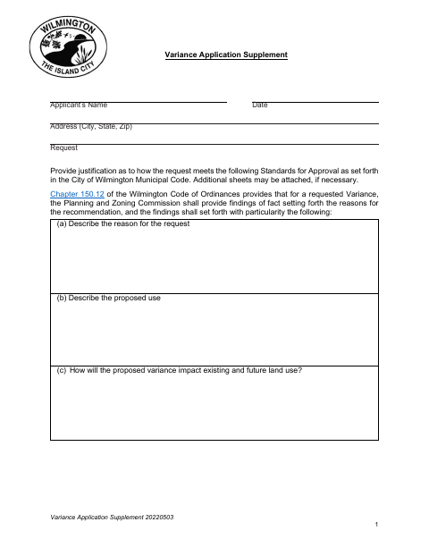 First page of the Variance Application Supplement