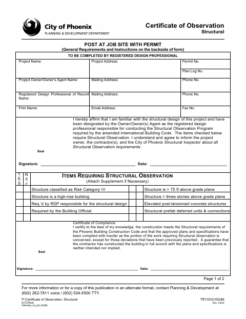 First page of the Certificate of Observation, Structural