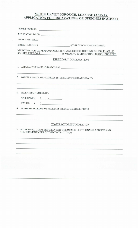 First page of the Street Opening Application