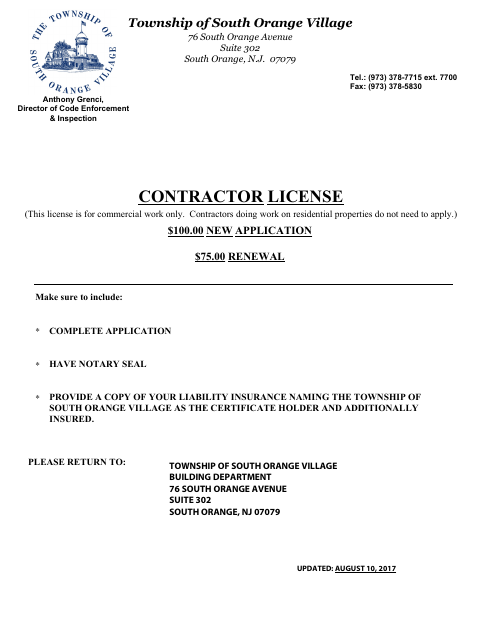 First page of the Contractor License Application