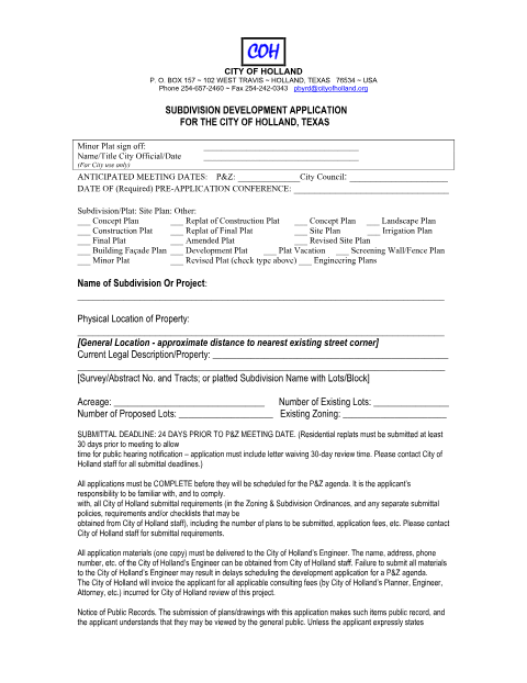 First page of the Subdivision Development Application