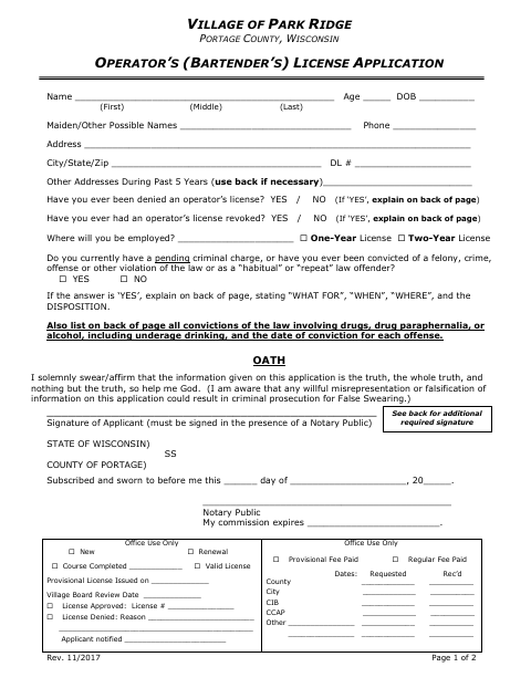 First page of the Operator’s (Bartender’s) License Application