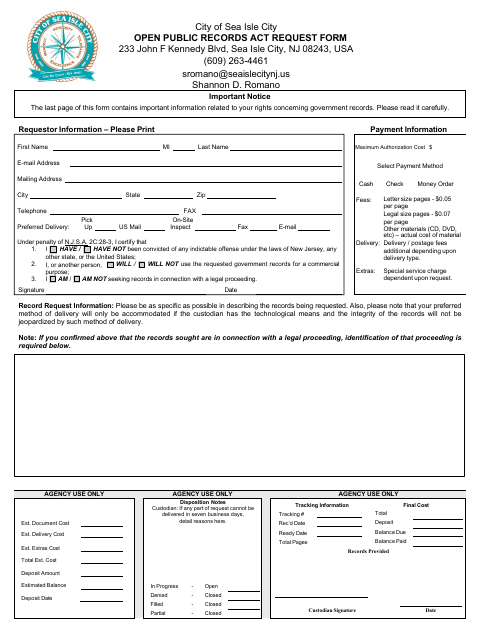 First page of the Open Public Records Act Request Form