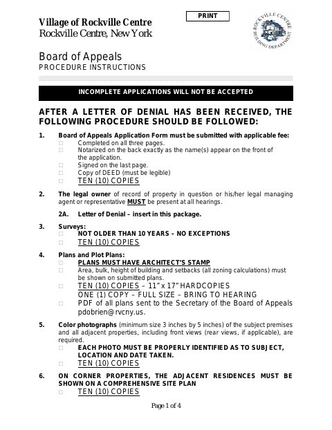 First page of the Board of Appeals Procedure Instructions