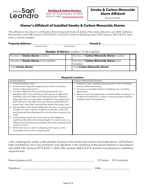First page of the Owner’s Affidavit of Installed Smoke & Carbon Monoxide Alarms