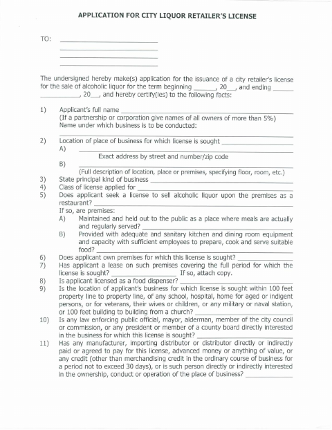 First page of the Liquor Permit Application