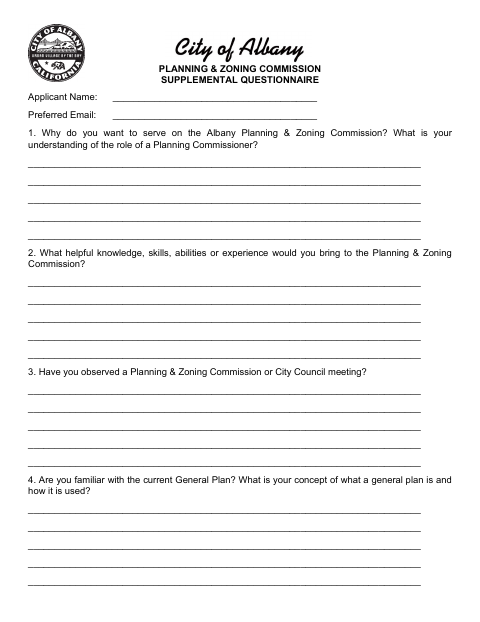 First page of the Planning & Zoning Commission Supplemental Questionnaire