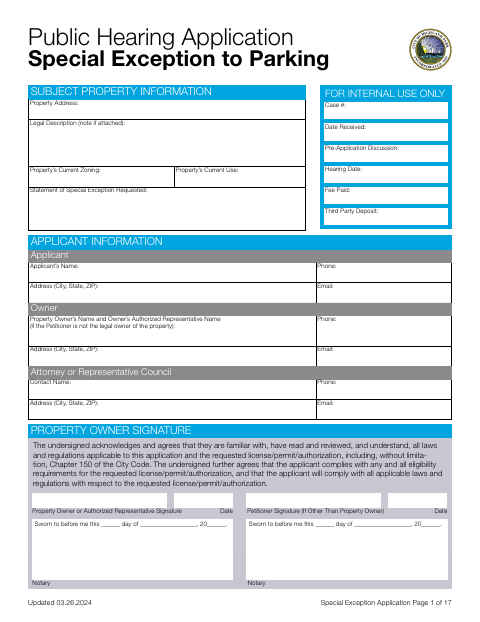 First page of the Special Exception Application