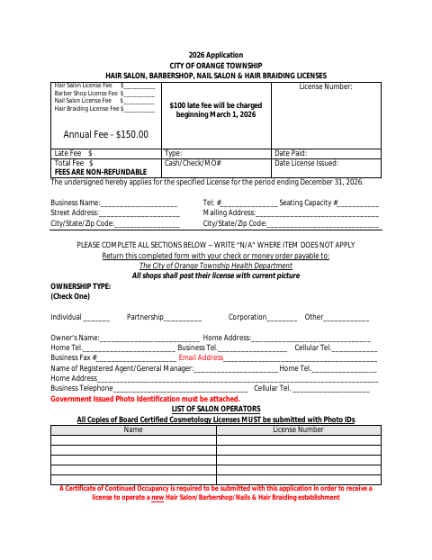 First page of the Hair Salon, Barbershop, Nail Salon & Hair Braiding License Application