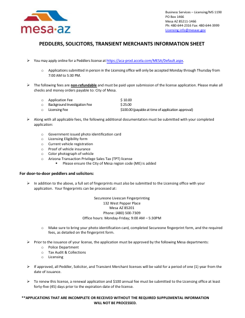First page of the Peddler, Solicitor, and Transient Merchant License Application
