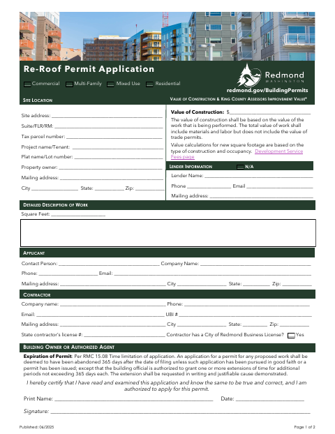 First page of the Re-Roof Permit Application