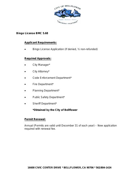 First page of the Bingo License Application