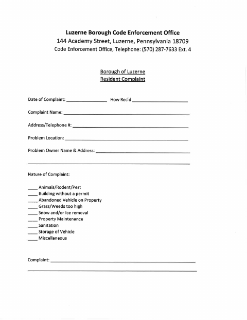 First page of the Resident Complaint Form