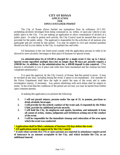 First page of the Application for Open Container Permit