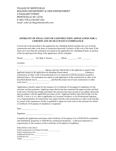First page of the Affidavit of Final Cost of Construction Application for a Certificate of Occupancy/Compliance