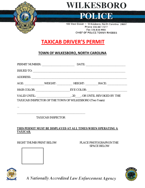 First page of the Taxicab Driver’s Permit