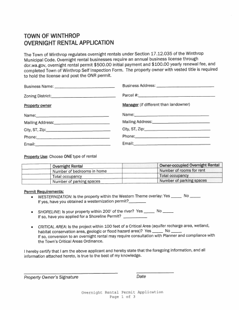 First page of the Overnight Rental Application