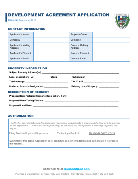 First page of the Development Agreement Application