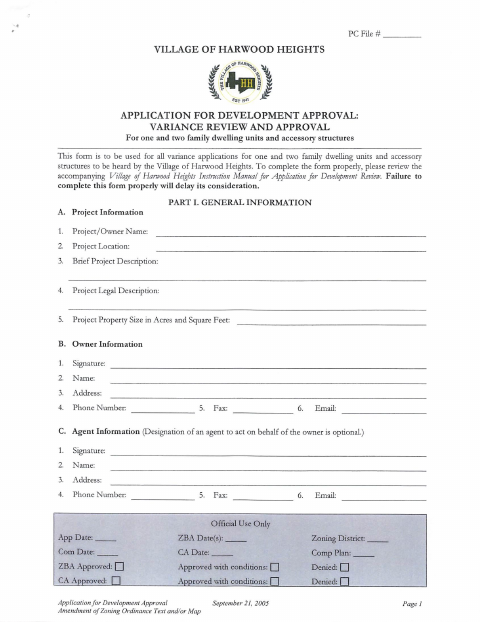 First page of the Development Variance Review and Approval Application