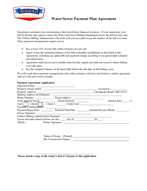 First page of the Water/Sewer Payment Agreement Application