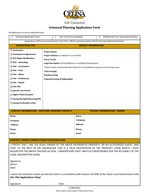 First page of the Universal Planning Application Form