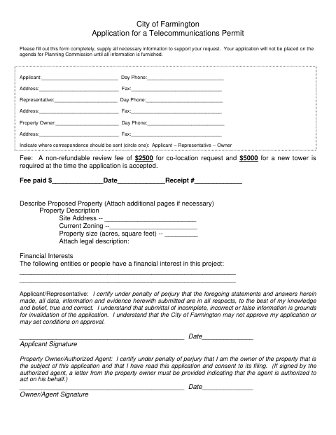 First page of the Telecommunications Permit Application and Checklist