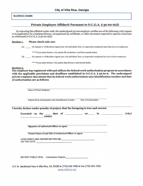 First page of the Private Employer Affidavit
