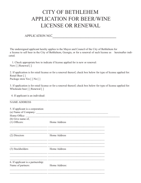 First page of the Application for Beer/Wine License or Renewal