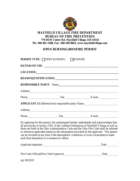 First page of the Open Burning/Bonfire Permit