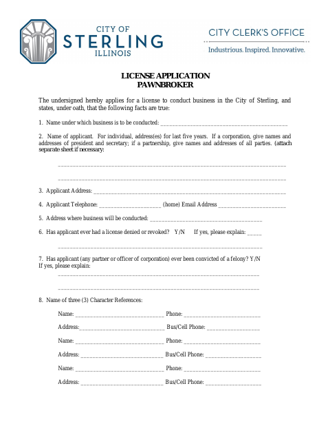 First page of the Pawnbroker License Application