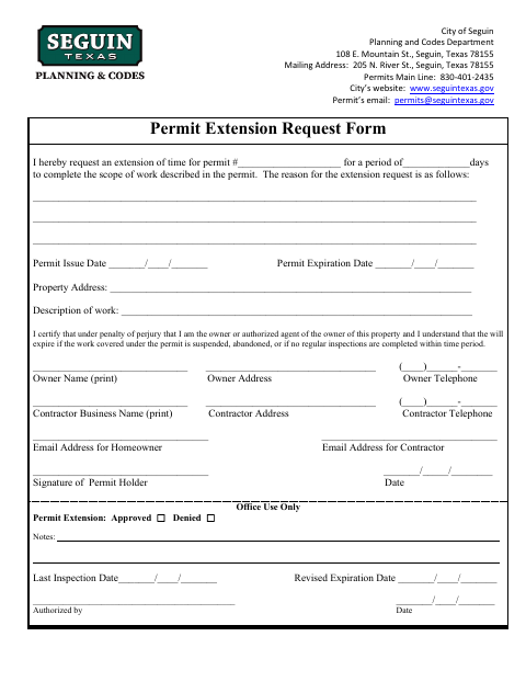 First page of the Permit Extension Request Form