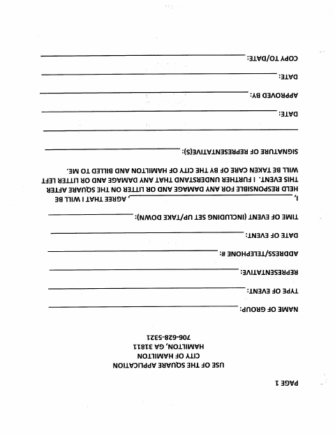 First page of the Application for Use of the Square