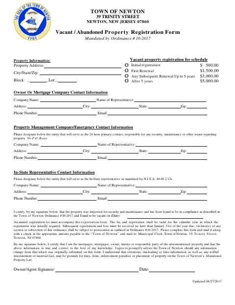 First page of the Vacant / Abandoned Property Registration Form