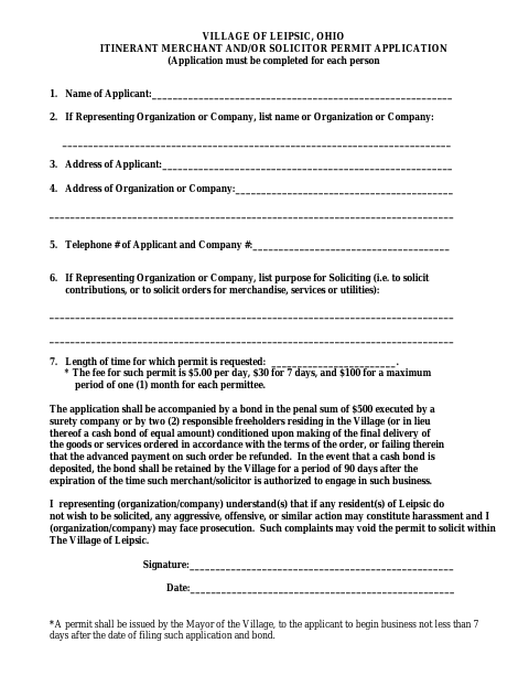 First page of the Itinerant Merchant and/or Solicitor Permit Application