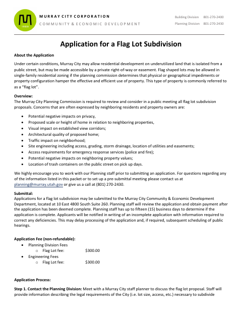 First page of the Flag Lot Subdivision Application