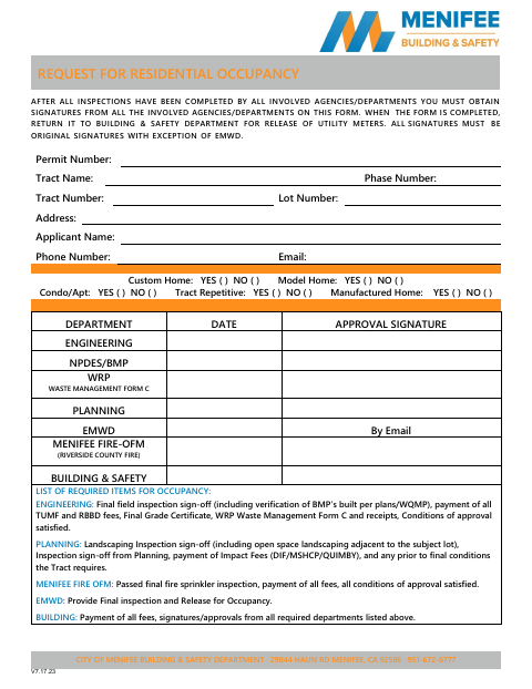 First page of the Request for Residential Occupancy
