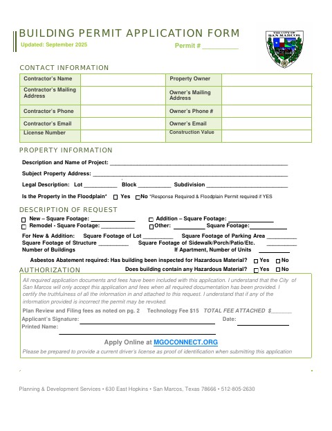 First page of the Building Permit Application