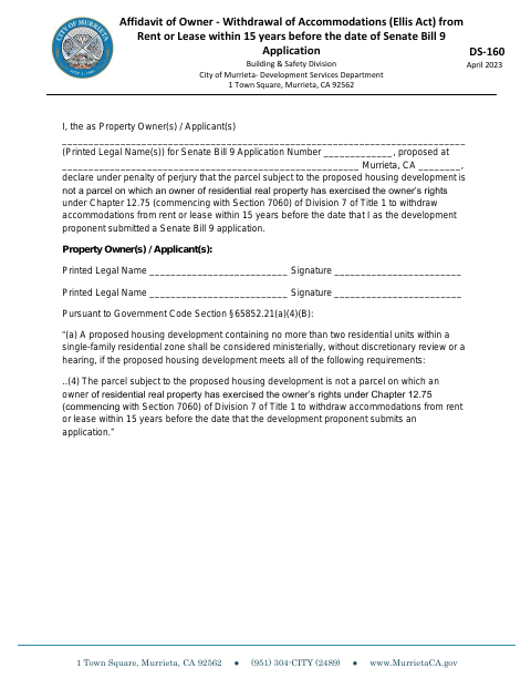 First page of the Affidavit of Owner – Withdrawal of Accommodations (Ellis Act)