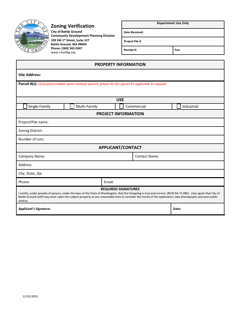 First page of the Zoning Verification Application