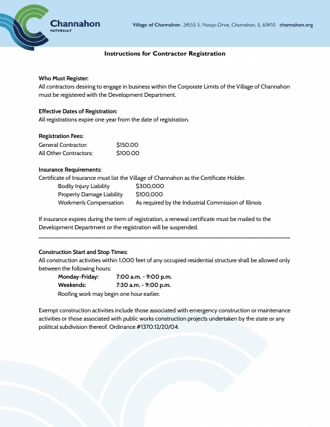 First page of the Contractor Registration