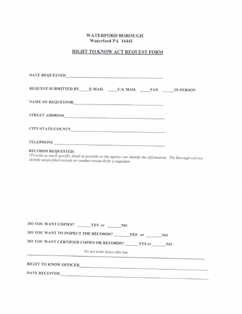 First page of the Right to Know Act Request Form
