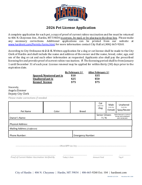First page of the Pet License Application