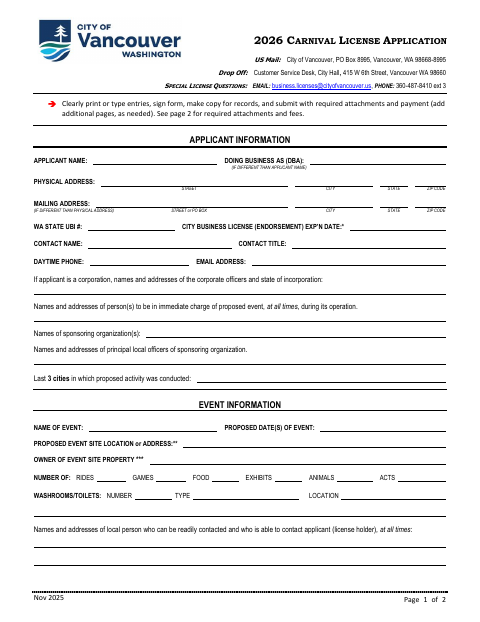 First page of the Carnival License Application