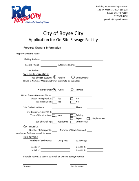 First page of the On-Site Sewage Facility Permit Application