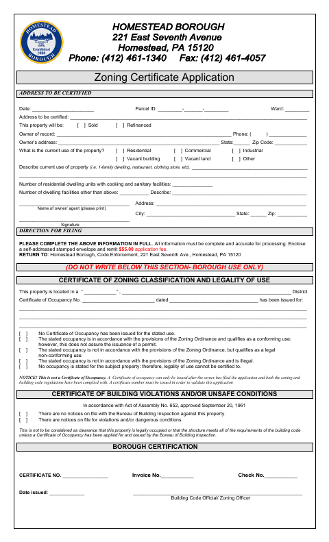 First page of the Zoning Certificate Application