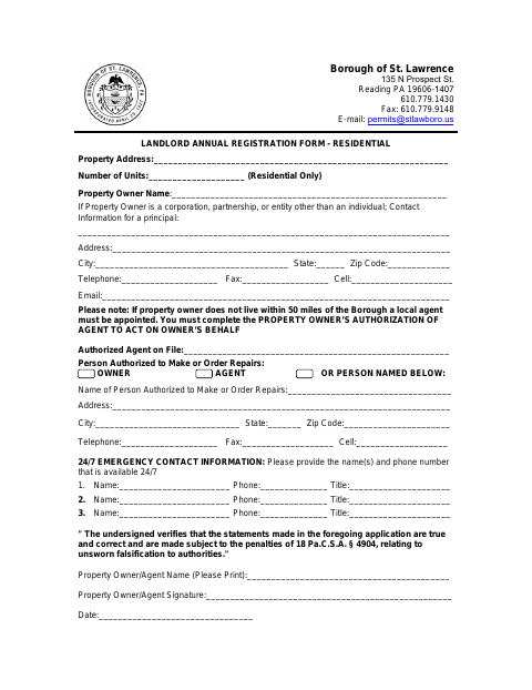 First page of the Landlord Annual Registration Form – Residential