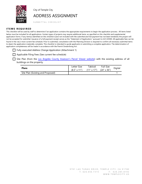 First page of the Address Assignment Submittal Checklist