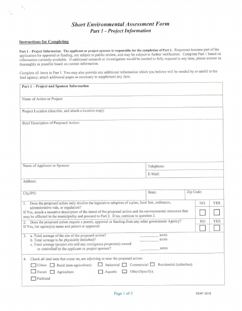 First page of the Short Environmental Assessment Form
