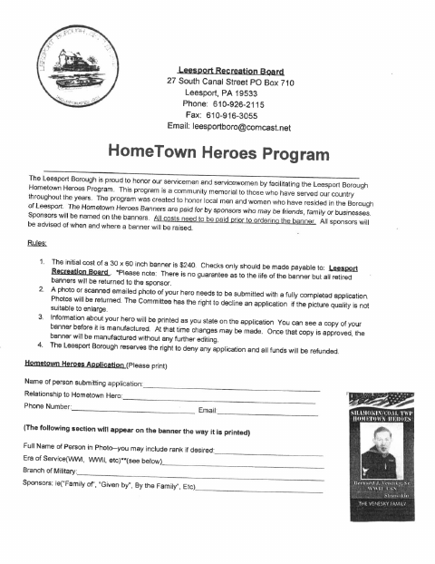 First page of the Hometown Heroes Banner Application