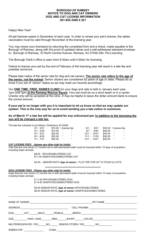 First page of the Dog and Cat License Renewal Form